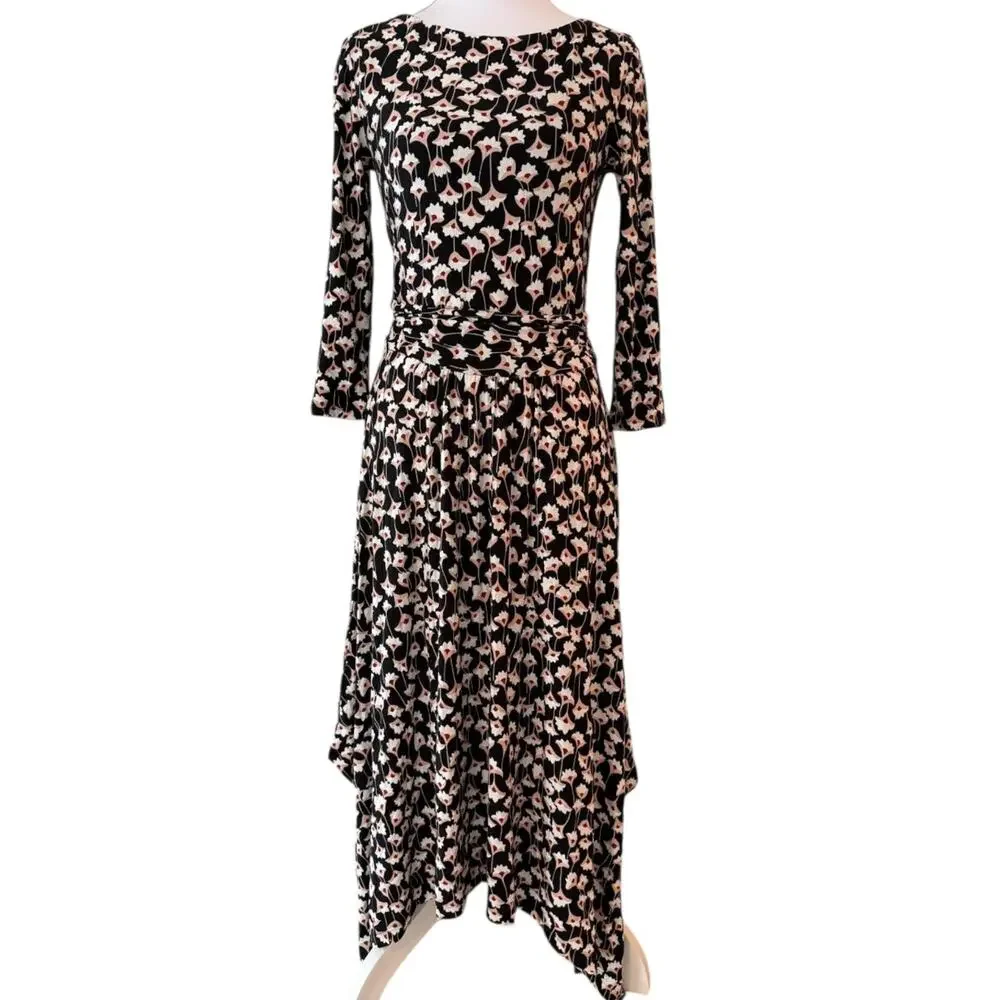Boden Maisie Matte Jersey Midi Dress Black Floral Handkerchief Hem Ruched Size 8 - Picture 4 of 12